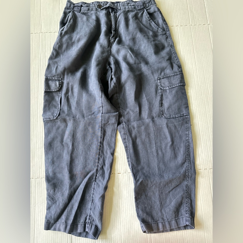 Rachel Roy Womens 100% Linen Cropped Cargo Pants Sz M Weathered Black Lagenlook